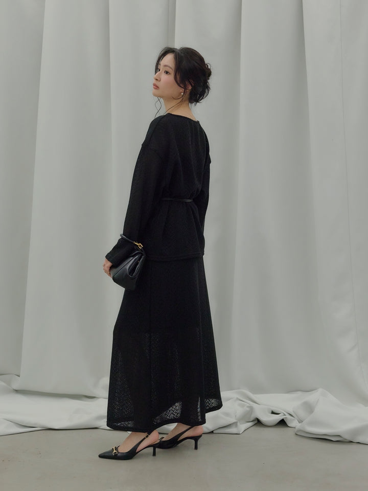 透かし編みプルオーバー&AラインスカートSET UP(ベルト付き)