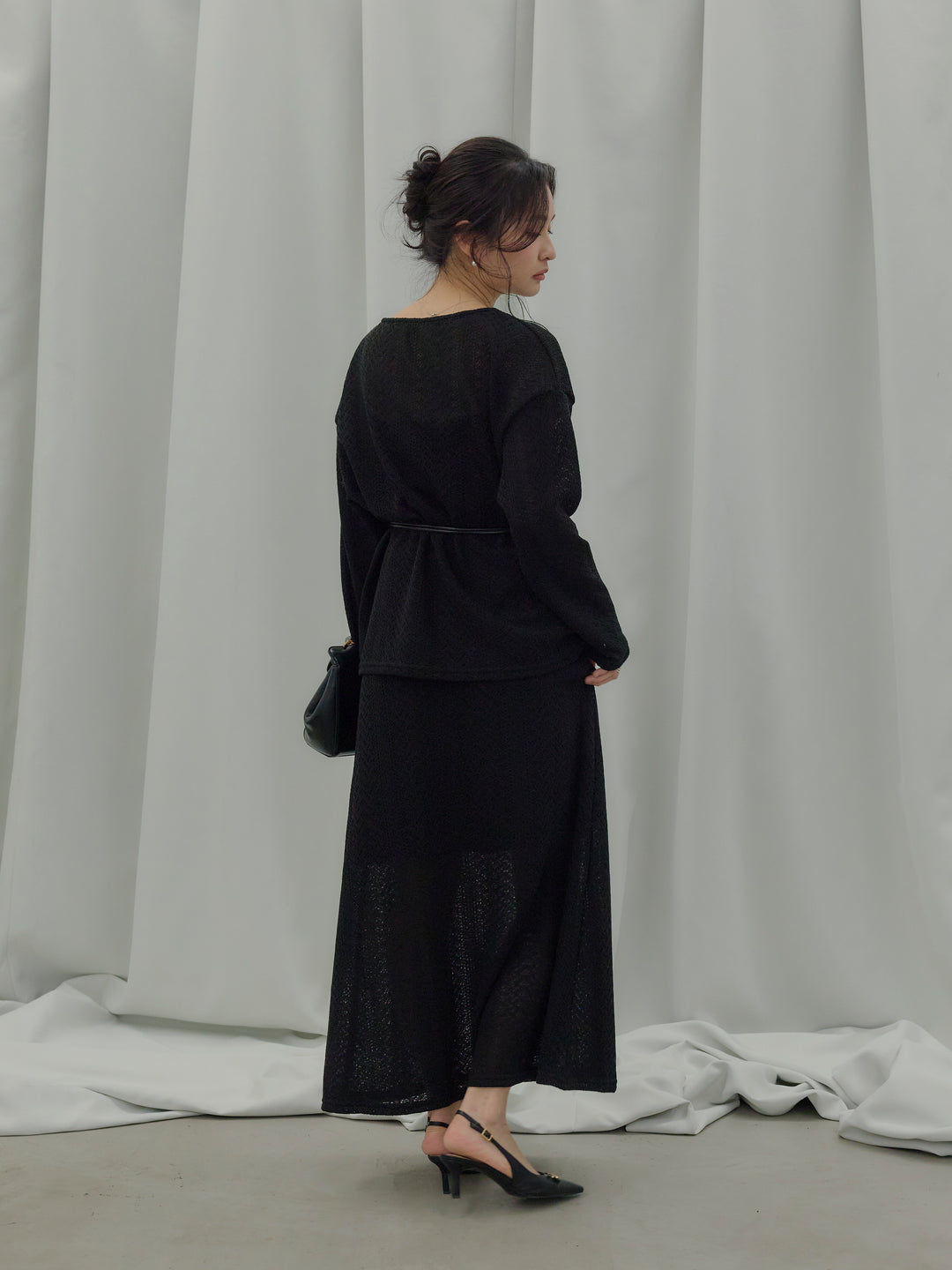 透かし編みプルオーバー&AラインスカートSET UP(ベルト付き)