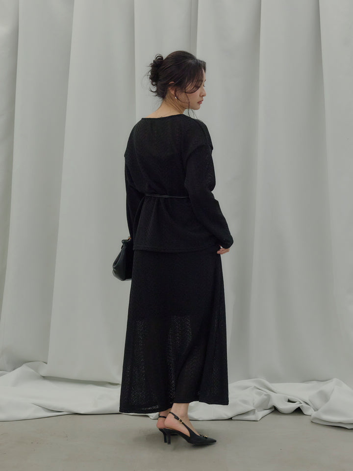 透かし編みプルオーバー&AラインスカートSET UP(ベルト付き)