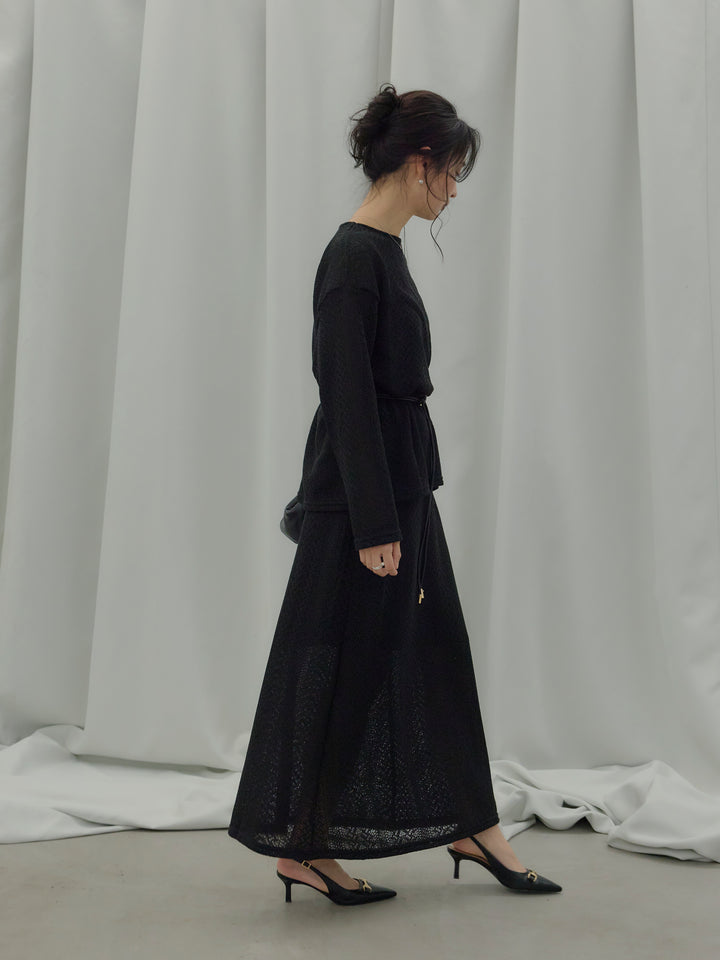 透かし編みプルオーバー&AラインスカートSET UP(ベルト付き)