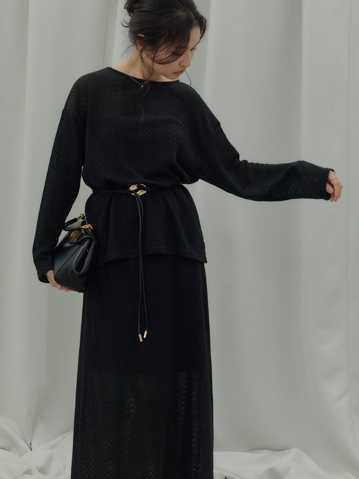 透かし編みプルオーバー&AラインスカートSET UP(ベルト付き)