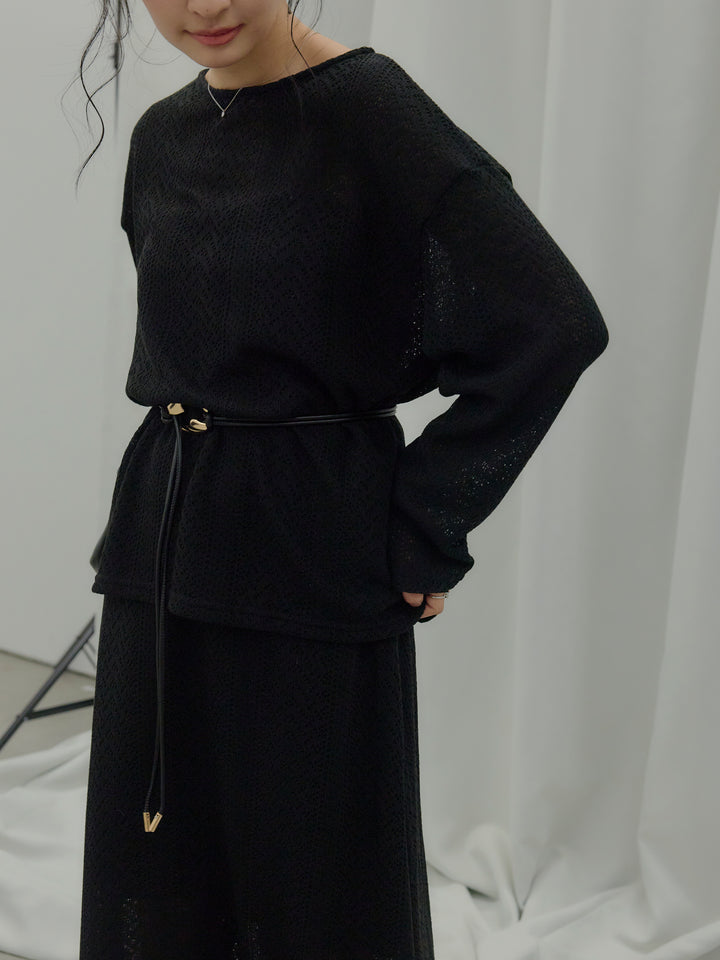 透かし編みプルオーバー&AラインスカートSET UP(ベルト付き)