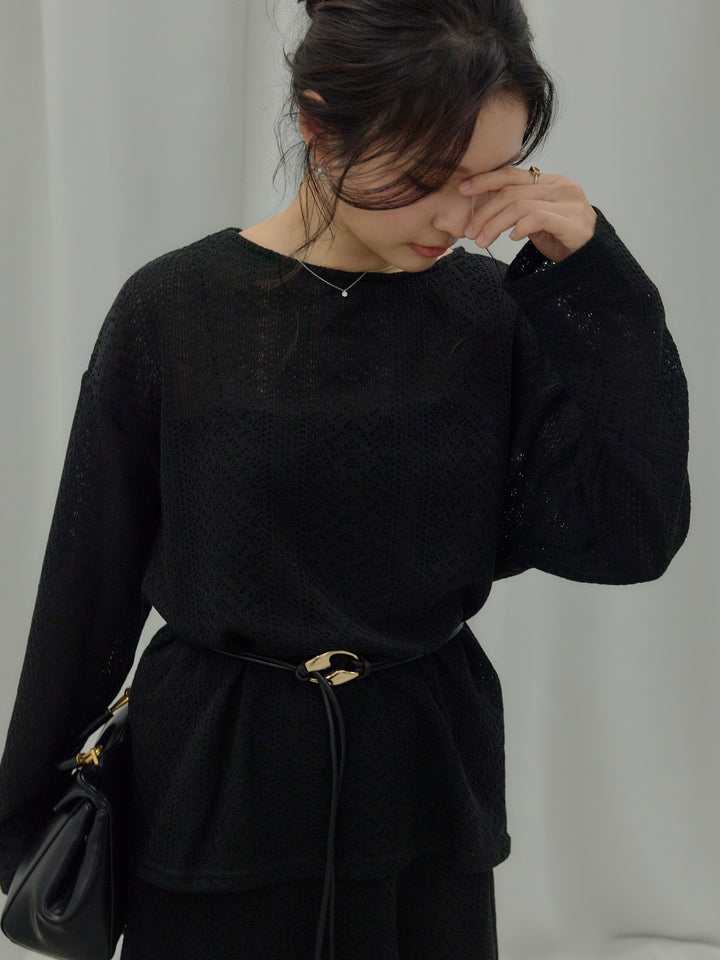 透かし編みプルオーバー&AラインスカートSET UP(ベルト付き)