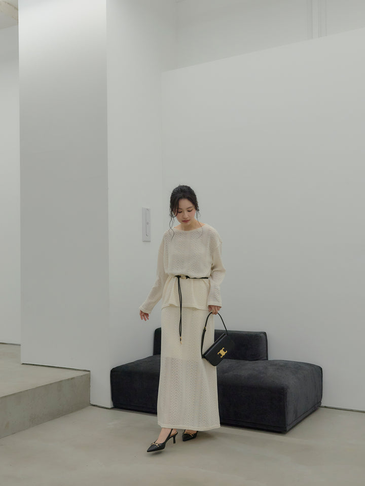 透かし編みプルオーバー&AラインスカートSET UP(ベルト付き)