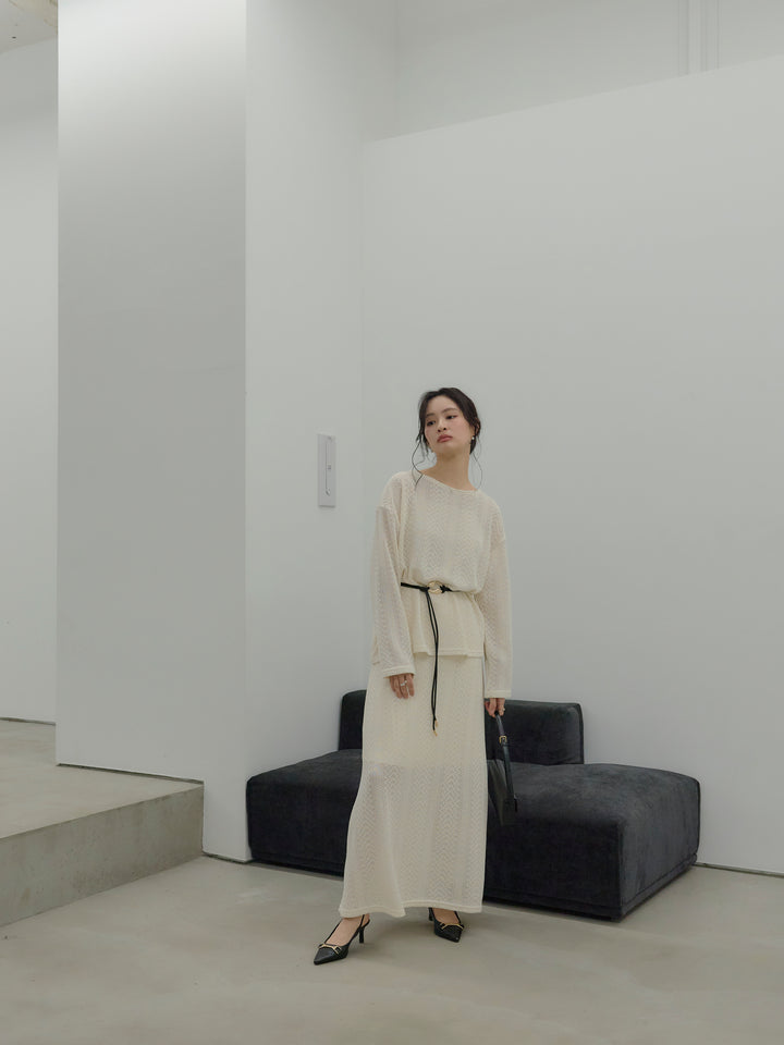 透かし編みプルオーバー&AラインスカートSET UP(ベルト付き)