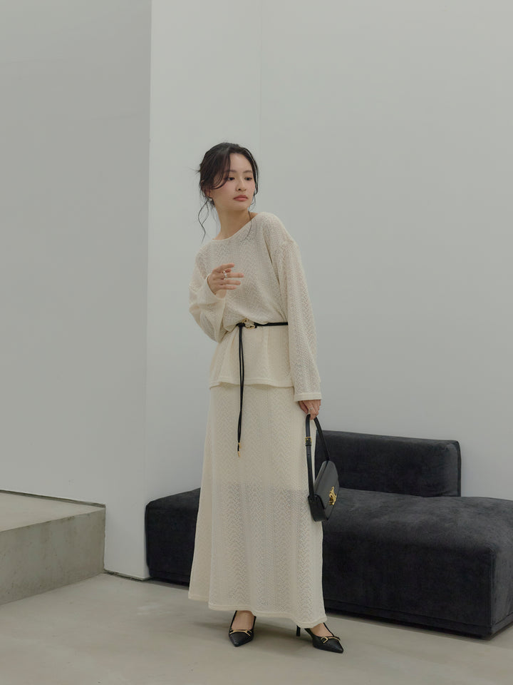 透かし編みプルオーバー&AラインスカートSET UP(ベルト付き)