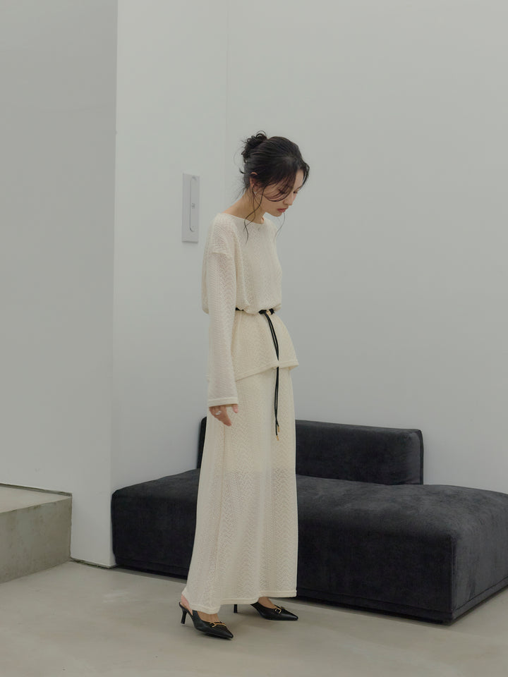 透かし編みプルオーバー&AラインスカートSET UP(ベルト付き)