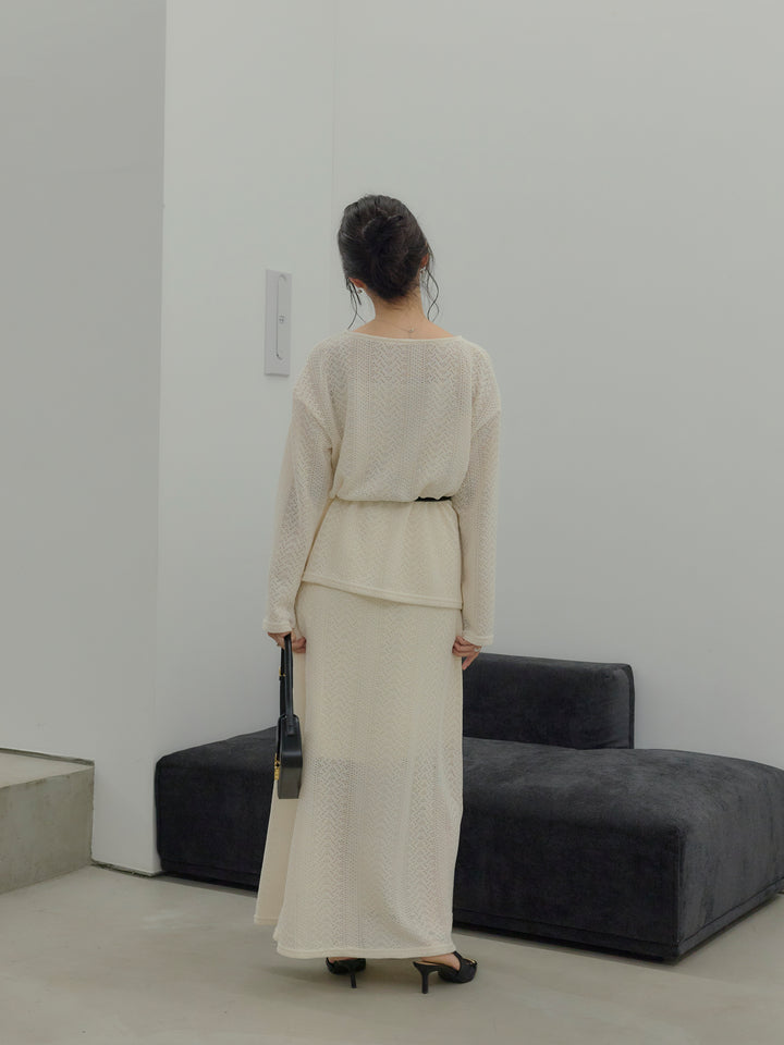 透かし編みプルオーバー&AラインスカートSET UP(ベルト付き)
