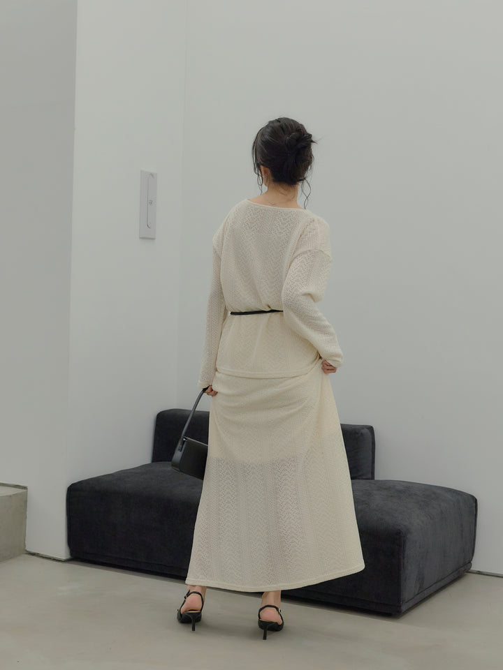 透かし編みプルオーバー&AラインスカートSET UP(ベルト付き)