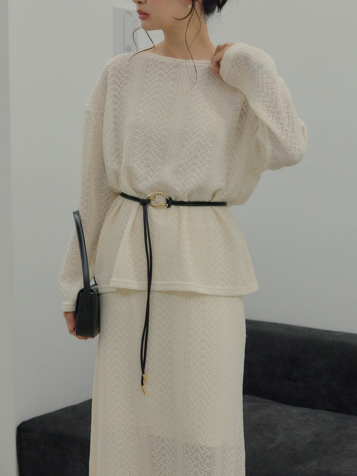 透かし編みプルオーバー&AラインスカートSET UP(ベルト付き)