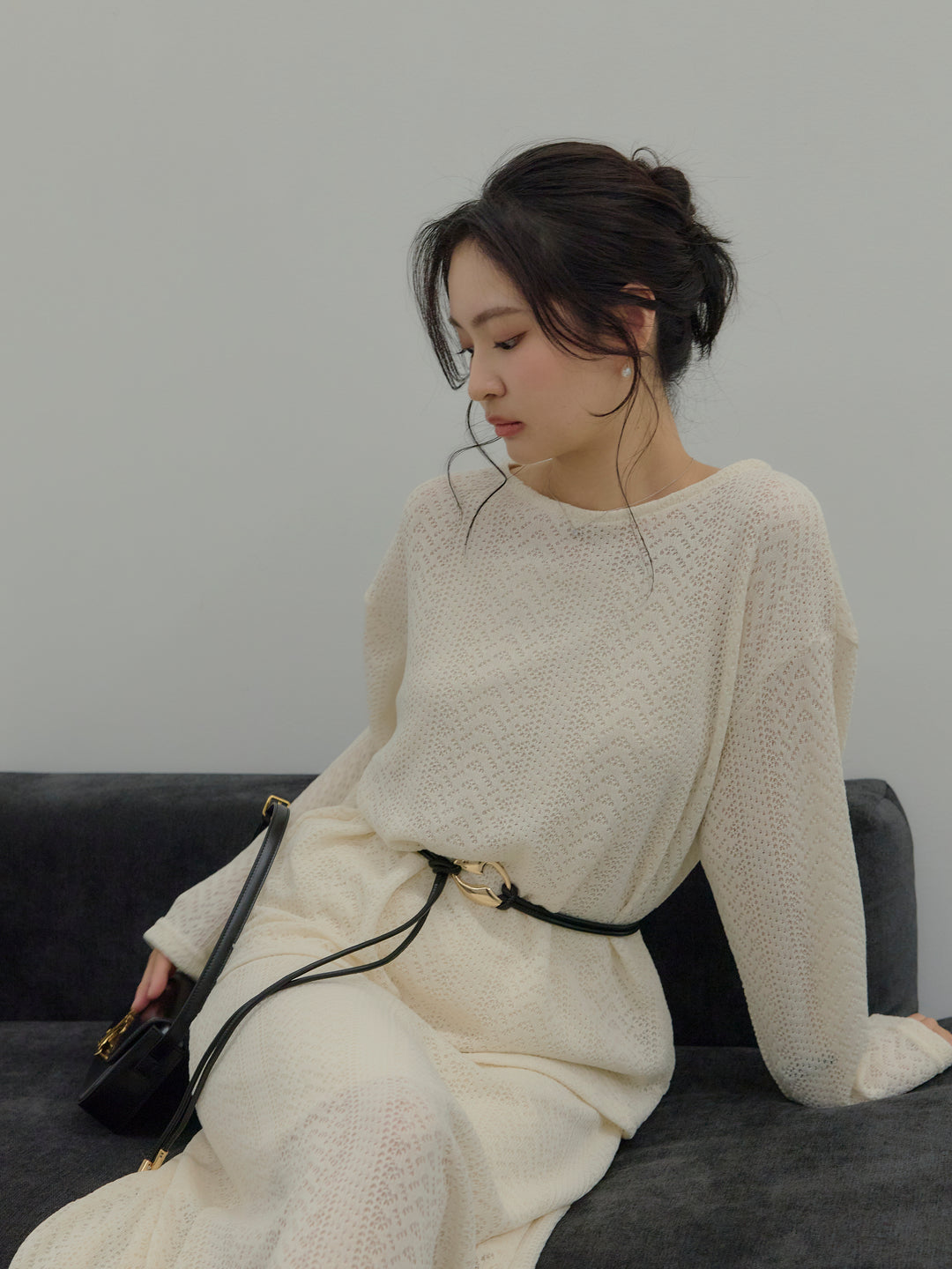 透かし編みプルオーバー&AラインスカートSET UP(ベルト付き)