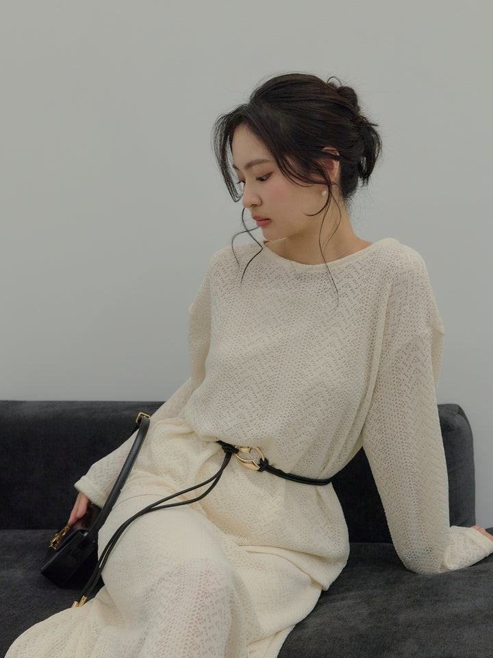 透かし編みプルオーバー&AラインスカートSET UP(ベルト付き)