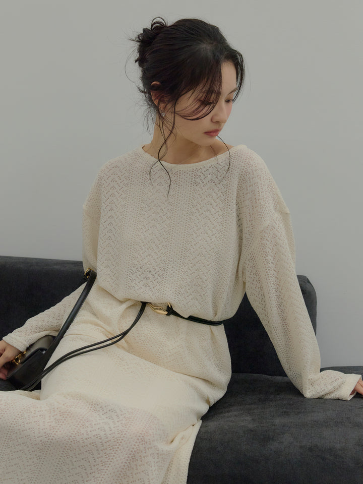 透かし編みプルオーバー&AラインスカートSET UP(ベルト付き)