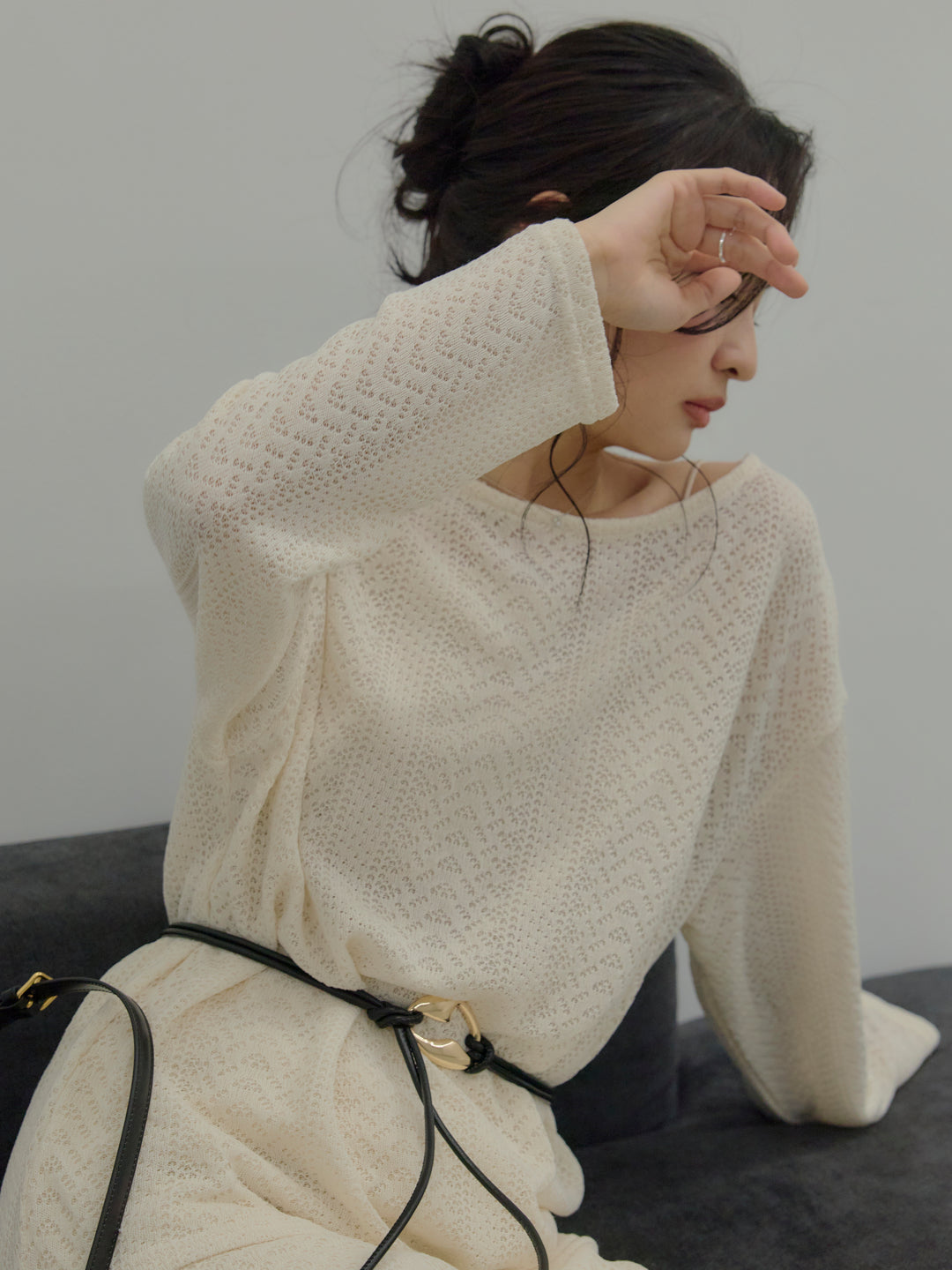 透かし編みプルオーバー&AラインスカートSET UP(ベルト付き)