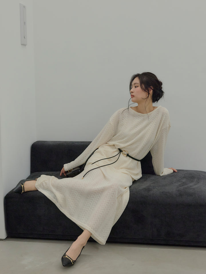 透かし編みプルオーバー&AラインスカートSET UP(ベルト付き)