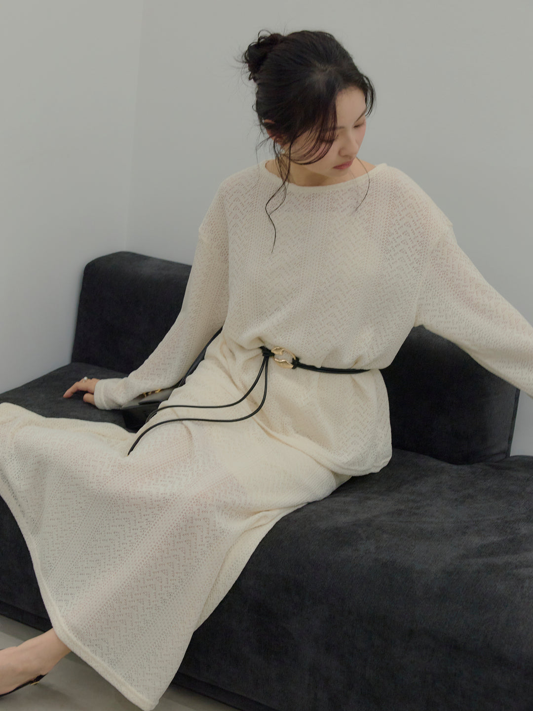 透かし編みプルオーバー&AラインスカートSET UP(ベルト付き)