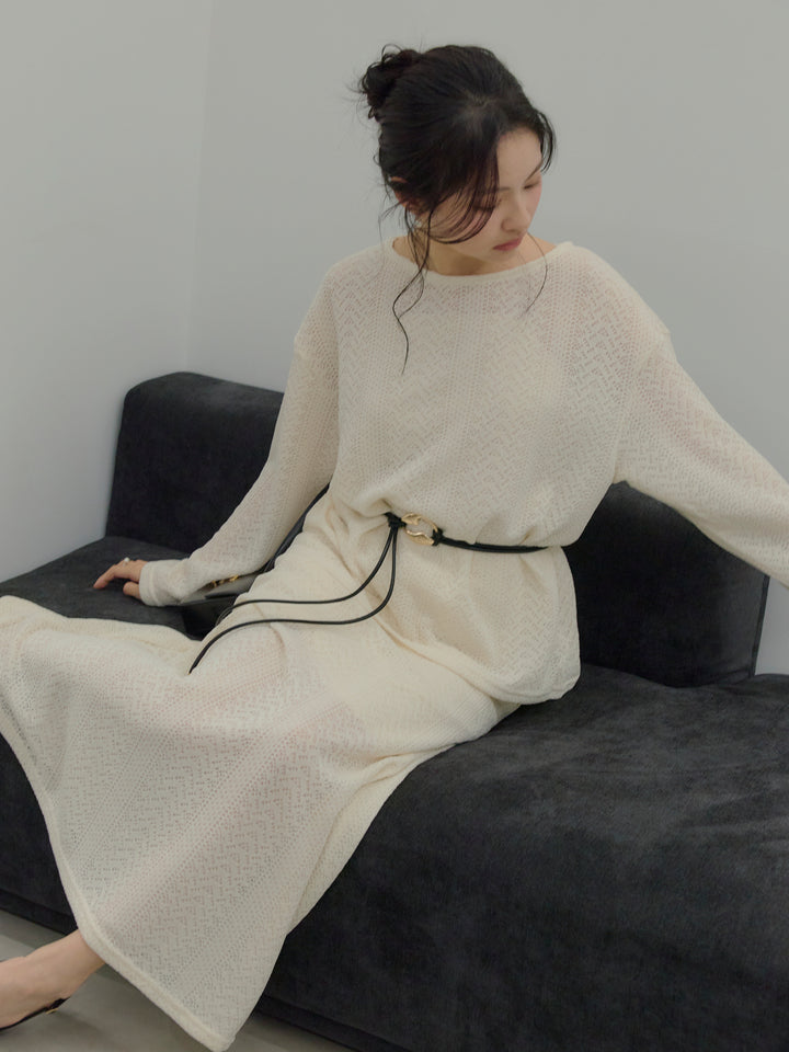透かし編みプルオーバー&AラインスカートSET UP(ベルト付き)