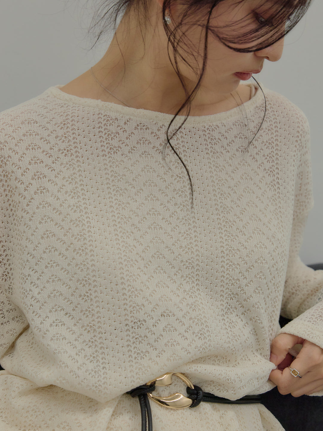 透かし編みプルオーバー&AラインスカートSET UP(ベルト付き)