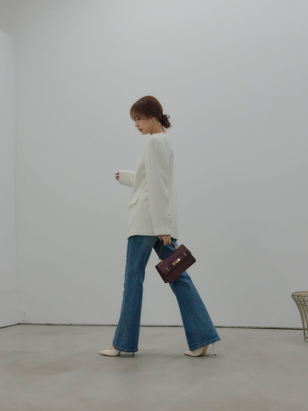【SET】【Essential】ノーカラーツイードジャケット+美ラインストレッチフレアデニム(2set)