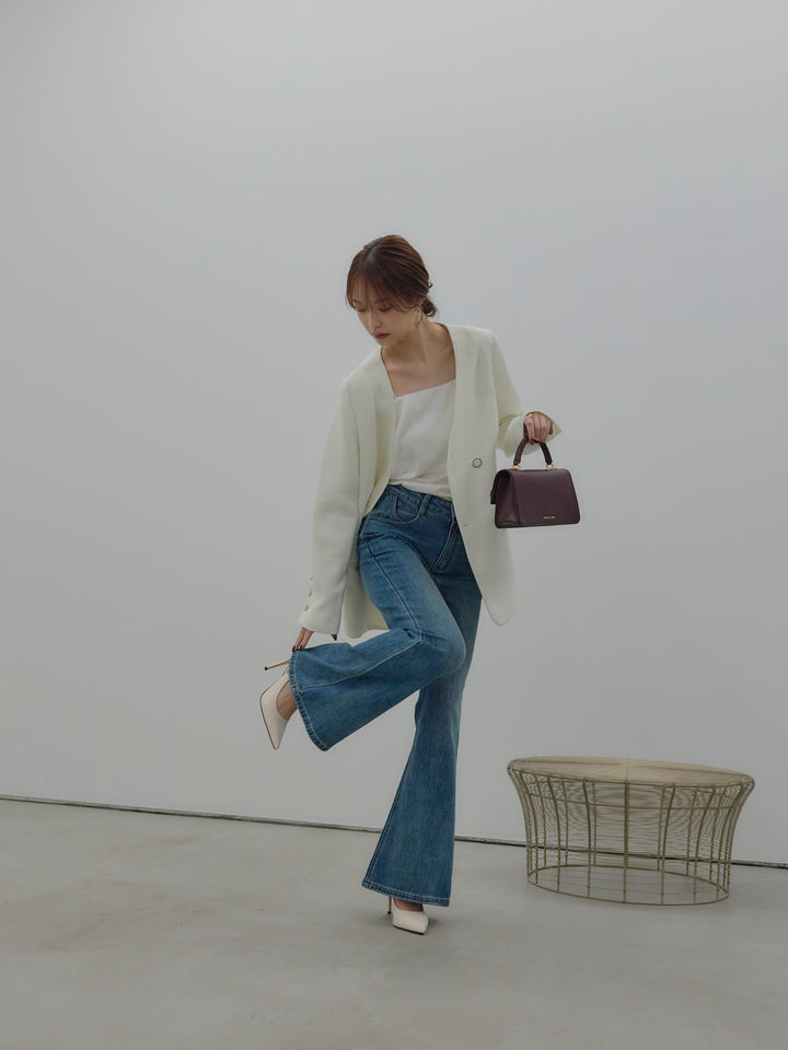 【SET】【Essential】ノーカラーツイードジャケット+美ラインストレッチフレアデニム(2set)