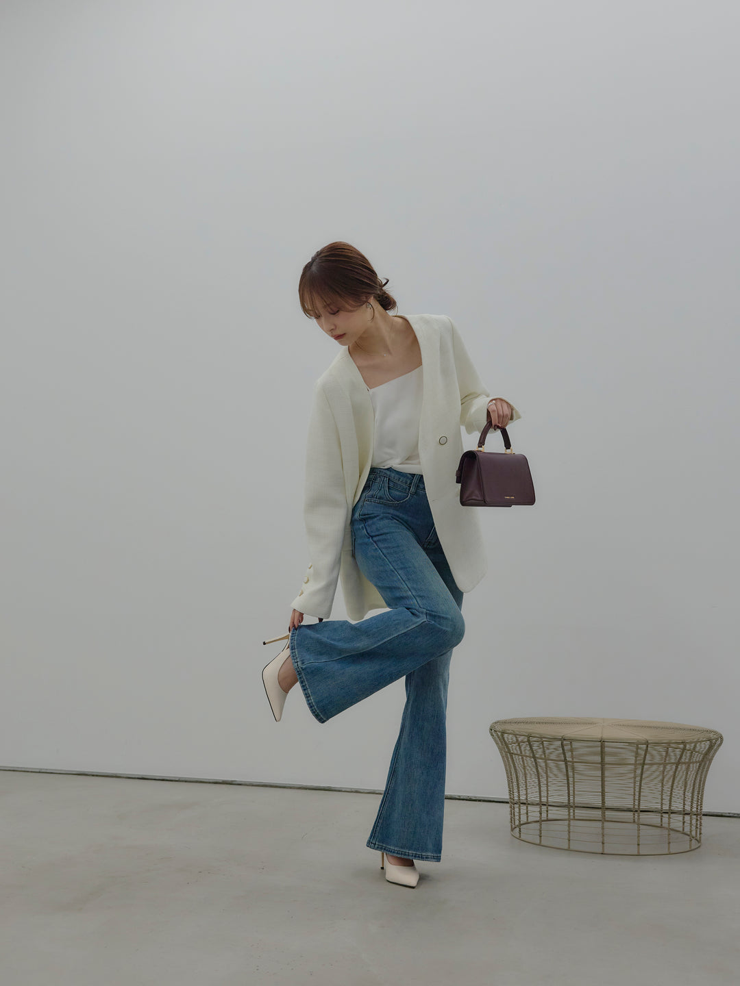 【SET】【Essential】ノーカラーツイードジャケット+美ラインストレッチフレアデニム(2set)