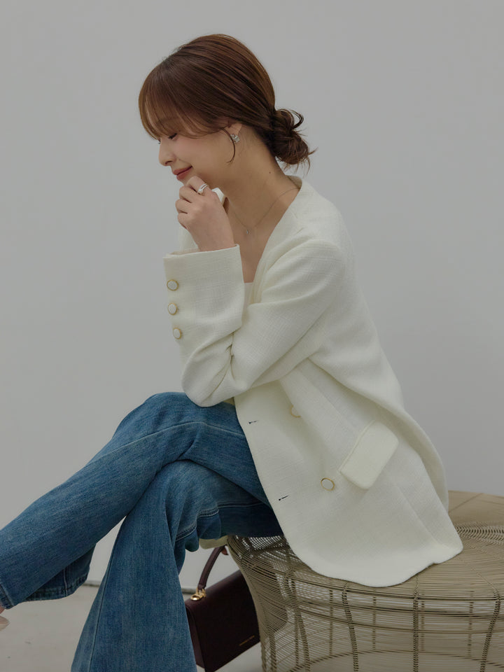 【SET】【Essential】ノーカラーツイードジャケット+美ラインストレッチフレアデニム(2set)