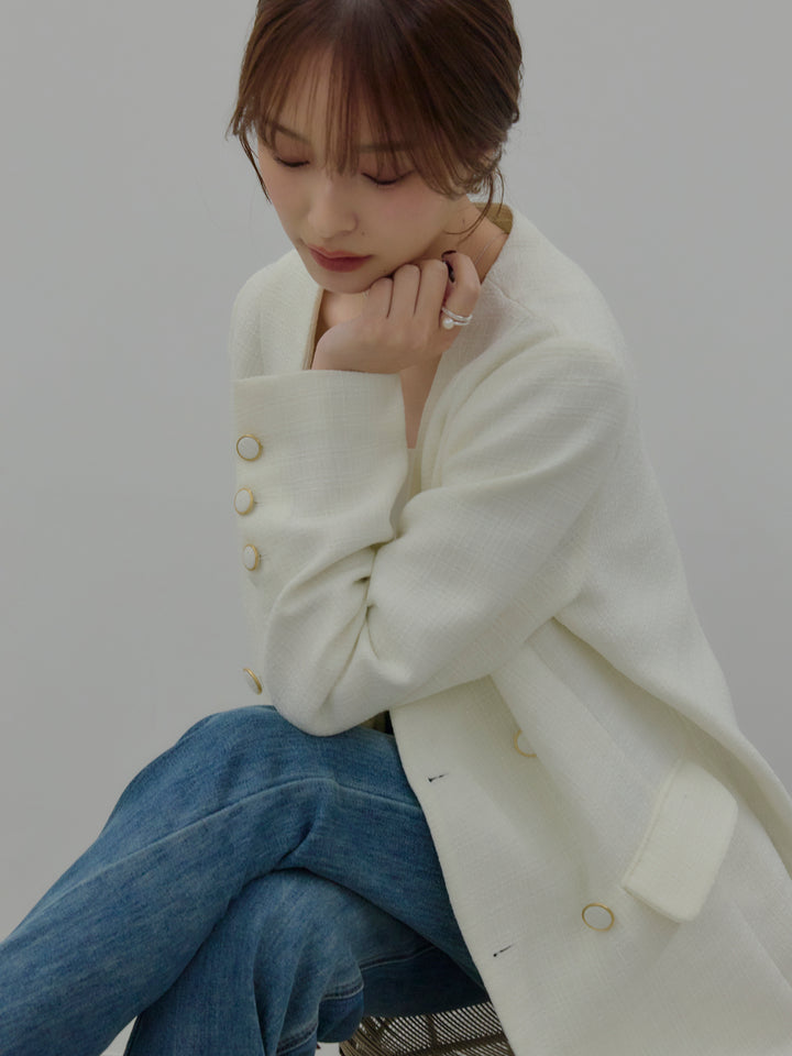 【SET】【Essential】ノーカラーツイードジャケット+美ラインストレッチフレアデニム(2set)