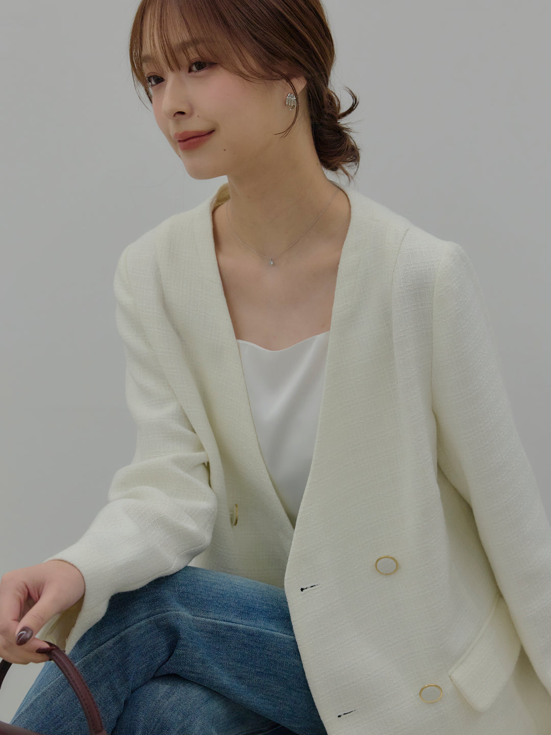 【SET】【Essential】ノーカラーツイードジャケット+美ラインストレッチフレアデニム(2set)