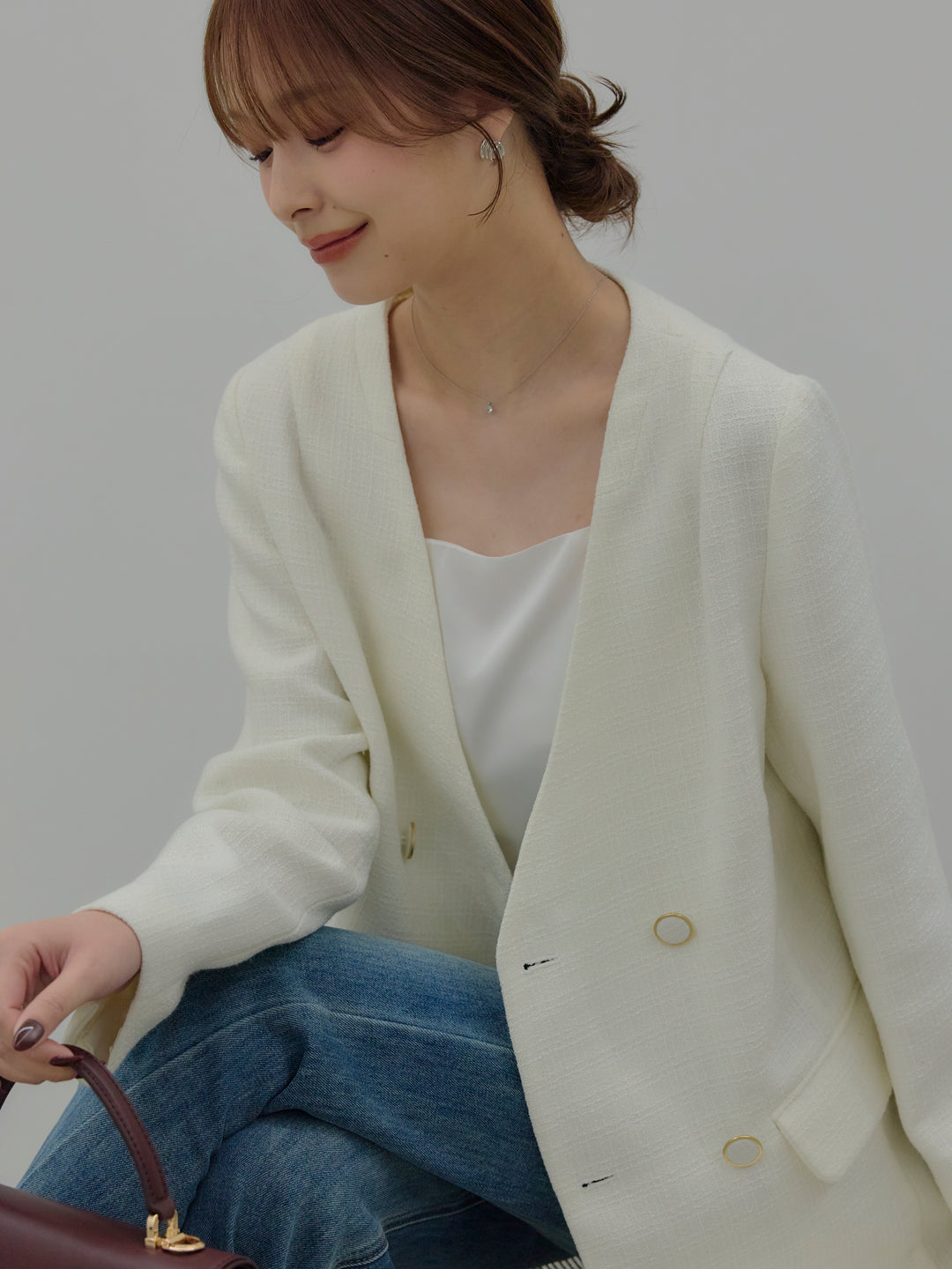 【SET】【Essential】ノーカラーツイードジャケット+美ラインストレッチフレアデニム(2set)