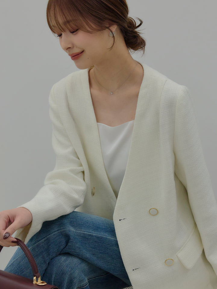 【SET】【Essential】ノーカラーツイードジャケット+美ラインストレッチフレアデニム(2set)