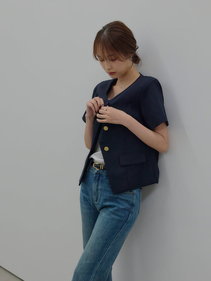 【SET】ゴールドボタンハーフスリーブジャケット+美ラインストレッチフレアデニム(2set)