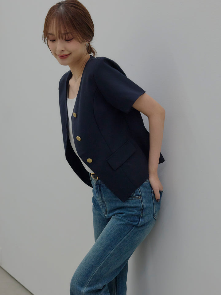 【SET】ゴールドボタンハーフスリーブジャケット+美ラインストレッチフレアデニム(2set)