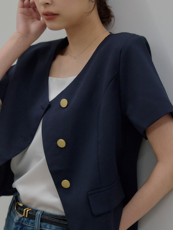 【SET】ゴールドボタンハーフスリーブジャケット+美ラインストレッチフレアデニム(2set)