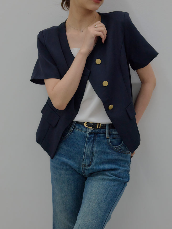 【SET】ゴールドボタンハーフスリーブジャケット+美ラインストレッチフレアデニム(2set)