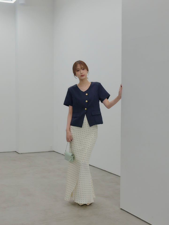 【SET】ゴールドボタンハーフスリーブジャケット+【Essential】Wrap design satin mermaid skirt(2set)