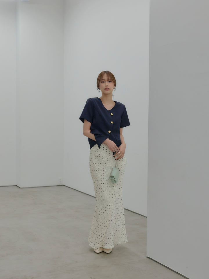 【SET】ゴールドボタンハーフスリーブジャケット+【Essential】Wrap design satin mermaid skirt(2set)