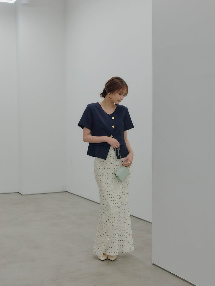 【SET】ゴールドボタンハーフスリーブジャケット+【Essential】Wrap design satin mermaid skirt(2set)