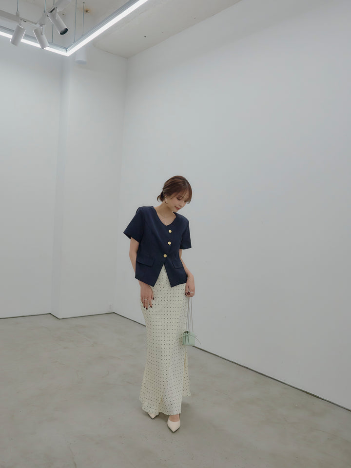 【SET】ゴールドボタンハーフスリーブジャケット+【Essential】Wrap design satin mermaid skirt(2set)