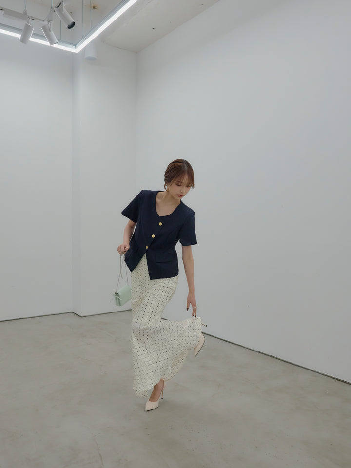 【SET】ゴールドボタンハーフスリーブジャケット+【Essential】Wrap design satin mermaid skirt(2set)