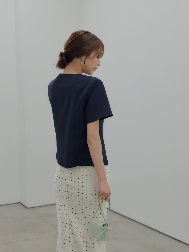 【SET】ゴールドボタンハーフスリーブジャケット+【Essential】Wrap design satin mermaid skirt(2set)