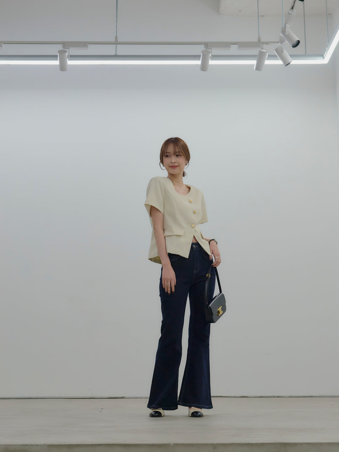 【SET】ゴールドボタンハーフスリーブジャケット+美ラインストレッチフレアデニム(2set)