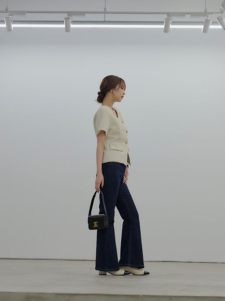 【SET】ゴールドボタンハーフスリーブジャケット+美ラインストレッチフレアデニム(2set)