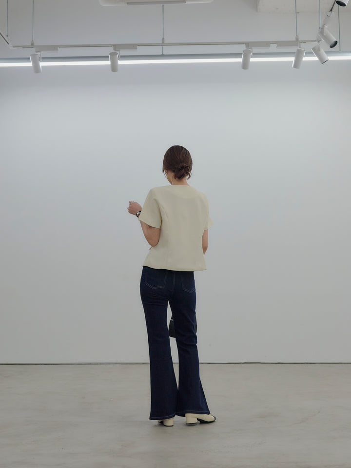 【SET】ゴールドボタンハーフスリーブジャケット+美ラインストレッチフレアデニム(2set)