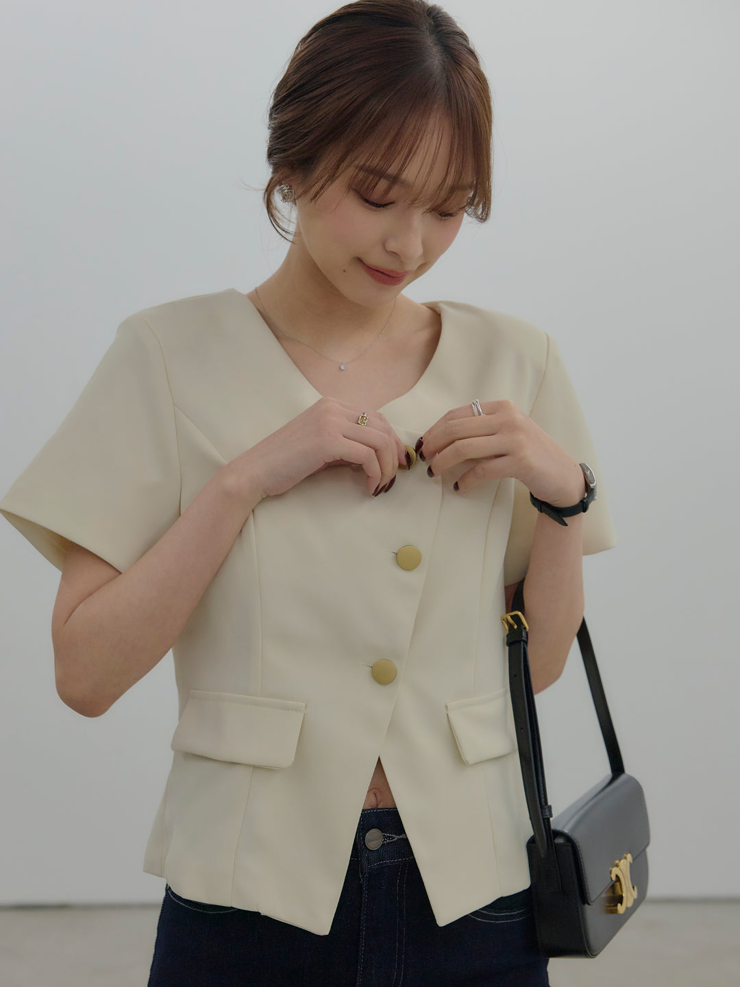 【SET】ゴールドボタンハーフスリーブジャケット+美ラインストレッチフレアデニム(2set)