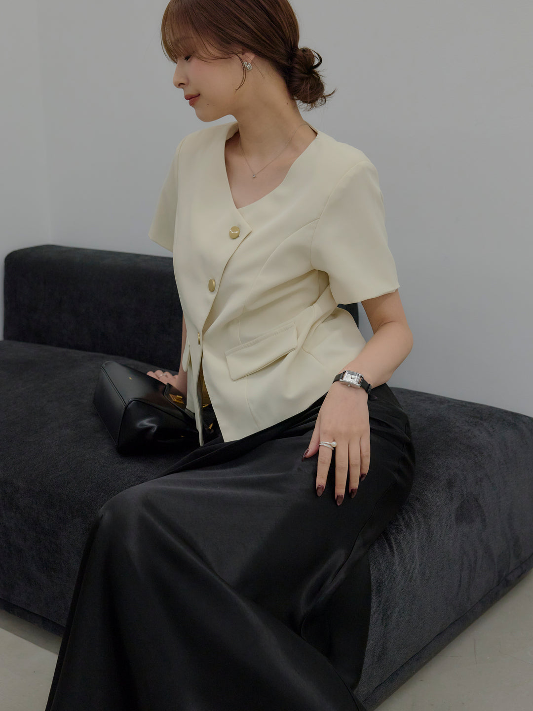 【SET】ゴールドボタンハーフスリーブジャケット+【Essential】Wrap design satin mermaid skirt(2set)