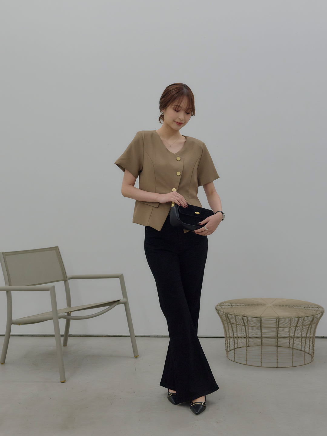 【SET】ゴールドボタンハーフスリーブジャケット+美ラインストレッチフレアデニム(2set)