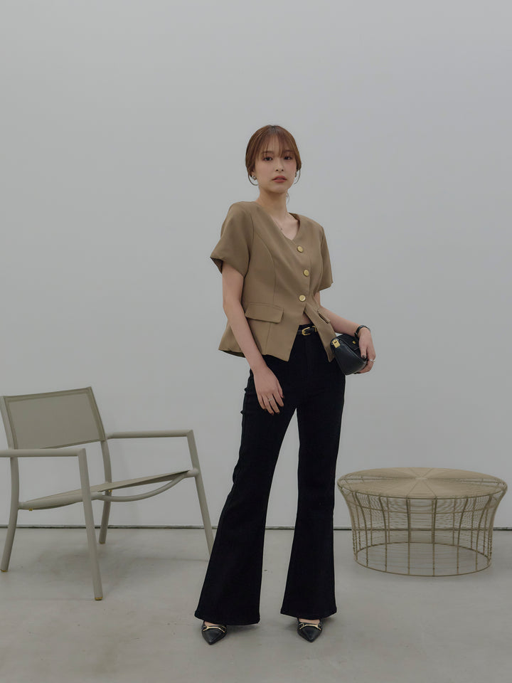 【SET】ゴールドボタンハーフスリーブジャケット+美ラインストレッチフレアデニム(2set)