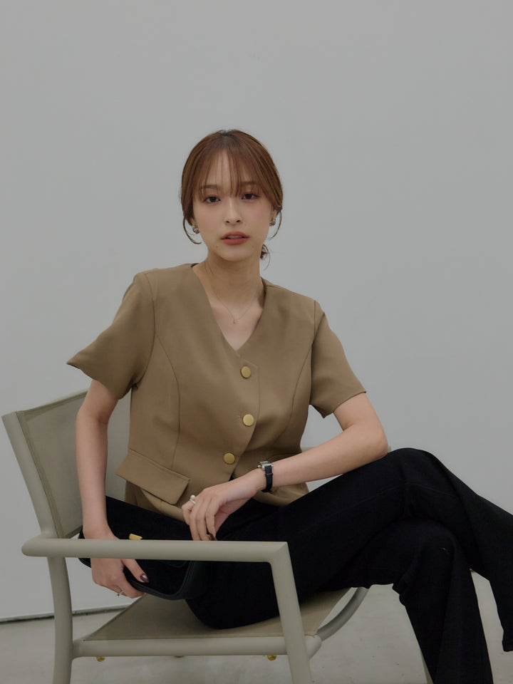 【SET】ゴールドボタンハーフスリーブジャケット+美ラインストレッチフレアデニム(2set)