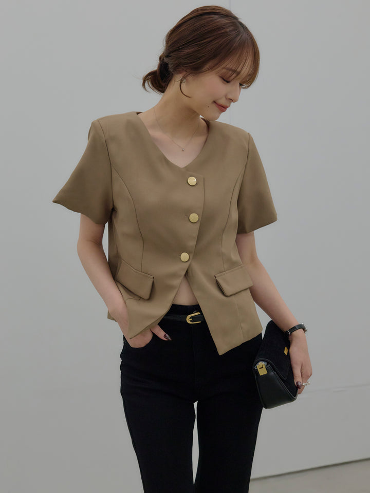 【SET】ゴールドボタンハーフスリーブジャケット+美ラインストレッチフレアデニム(2set)