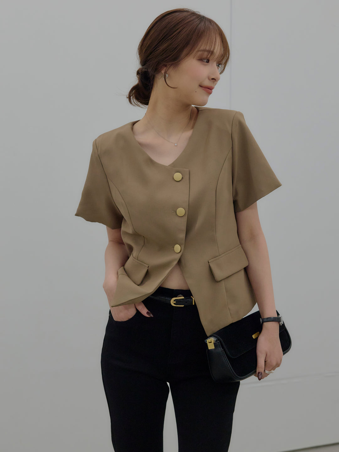 【SET】ゴールドボタンハーフスリーブジャケット+美ラインストレッチフレアデニム(2set)